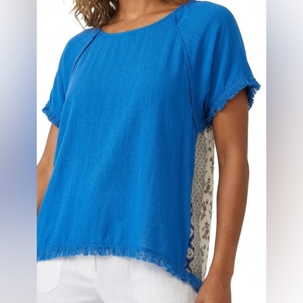 Umgee Blue Frayed Hem Mixed-Print Short Sleeve Top Large